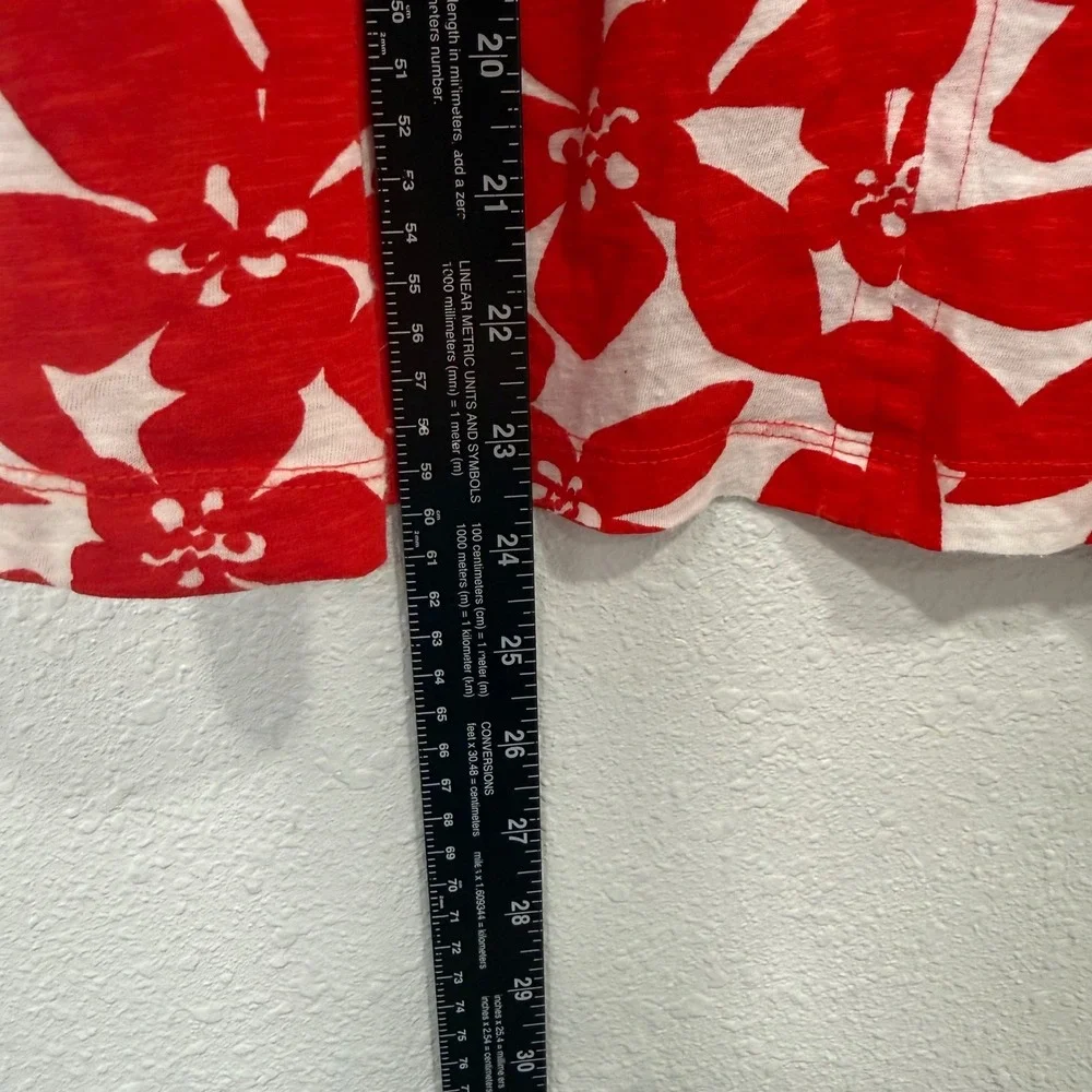 Loft Red‎ White Floral V-Neck Puff Sleeve Cotton Slub Knit Top Small